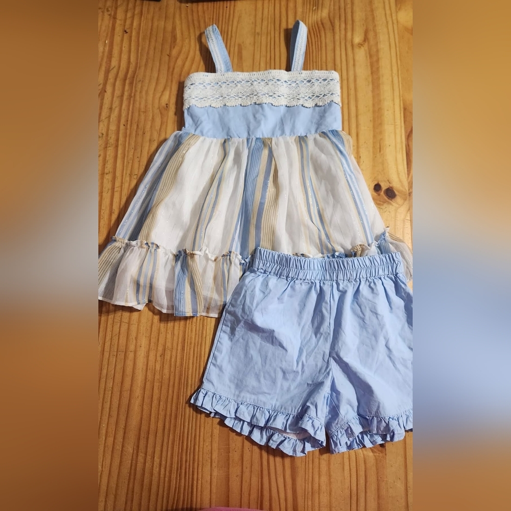 Blue and White Striped Kids Dress and Shorts Set Mini Boho Set